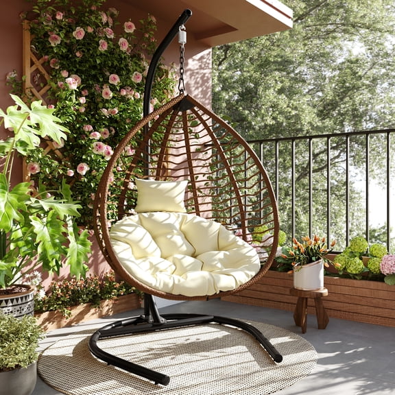 Foldable Hanging Hammock Chair with Stand - Egg Swing Chair, Rattan Wicker with Iron Frame, Plush Cushion & Removable Headrest for Porch, Garden, Balcony, Patio, Indoor/Outdoor