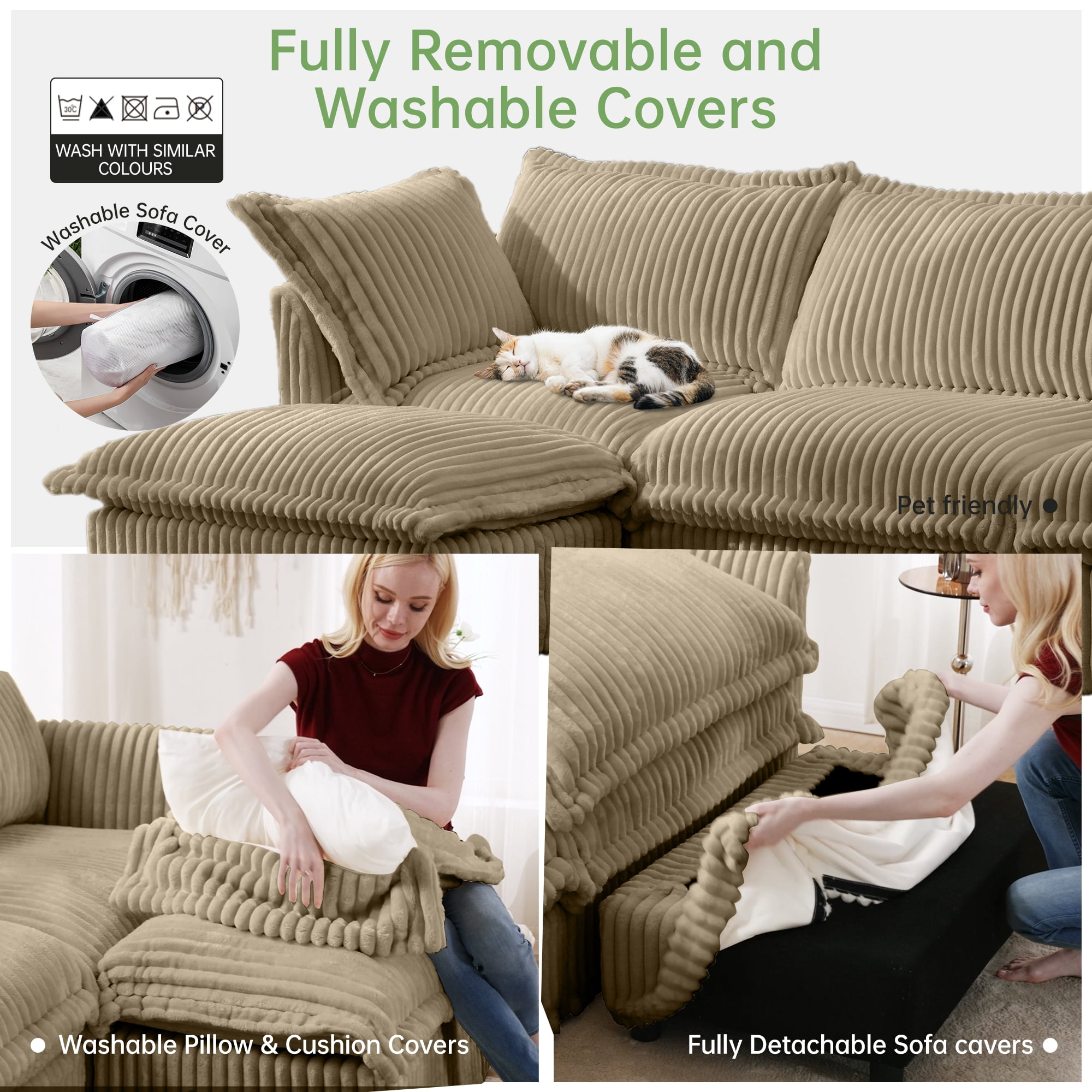 Gewnee Deep Seat Modern 3 Seater Sectional Sofa Couch With 2 Ottomans,U Shape Cream Corduroy Fabric Comfy Couch for Living Room