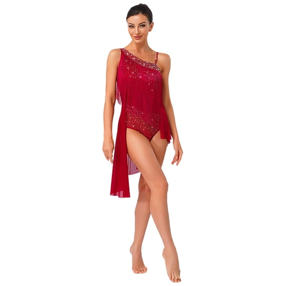 Lejafay Womens Latin Tango Dance Dress Shiny Rhinestones Asymmetrical Fringe Ballroom Dance Costume Burgundy XL