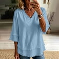 thumbnail image 2 of Cotton Linen Tops Women 3/4 Length Sleeve V Neck Shirts Summer Linen Tops Womens Summer Tops Lightweight Linen Blouses for Women Beach Vacation Tshirts,Blue,L, 2 of 5