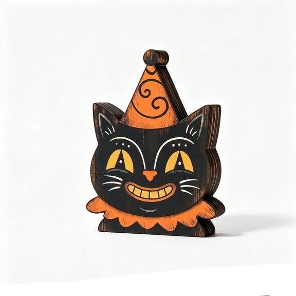 Lilixerw Halloween Vintage Black Cat Tabletop Decoration, Party Hat Cat Freestanding Ornament, for Mantel, Shelf, Console and Table Seasonal Layout, 5.90 inch