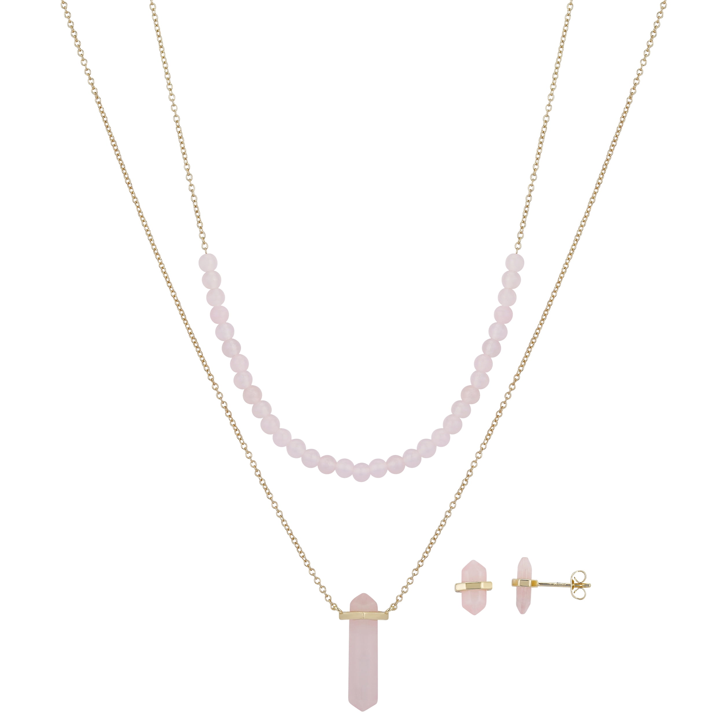 14Kt Gold Flash Plated rose Quartz Layered Neck and Earring Set, 16+2' & 18+2'