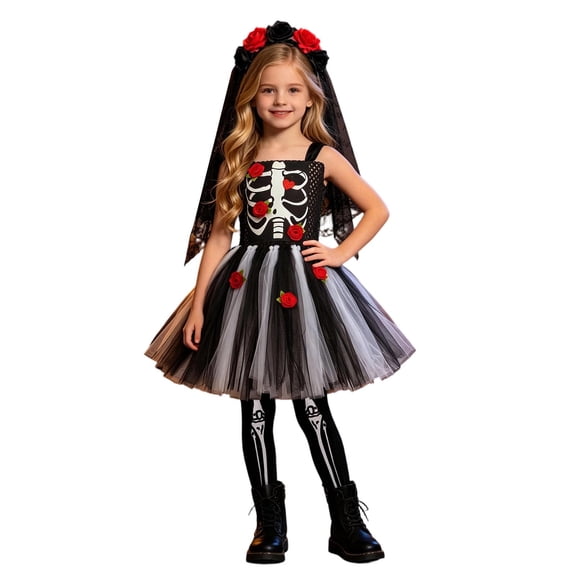 LILIYA Girls Halloween Sleeveless Dress with Pumpkin Embellished Bodice, Elegant Gown for Autumn Parties and Stage 8-9 Years