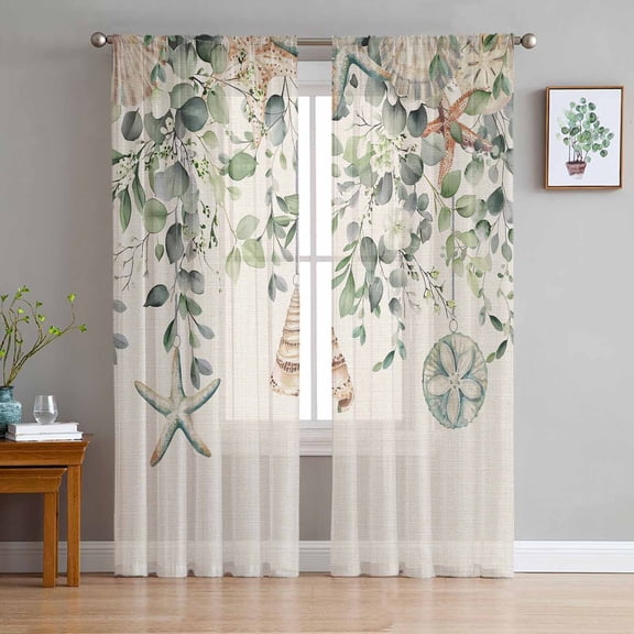 Green Coastal Sheer Curtains 63 Inch Length 2 Panels Set for Living Room/Bedroom, Eucalyptus Leaves Summer Beach Starfish Rustic Curtain Sheers Drapes Rod Pocket Curtains Window Treatment 52''x63''x2