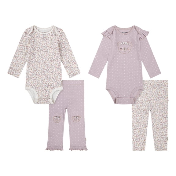 Huggies Babywear Baby Girls Pink Bear 4pc Organic Cotton Onesie and Pant Set, Sizes 3M-24M Infant Toddler Layette Set
