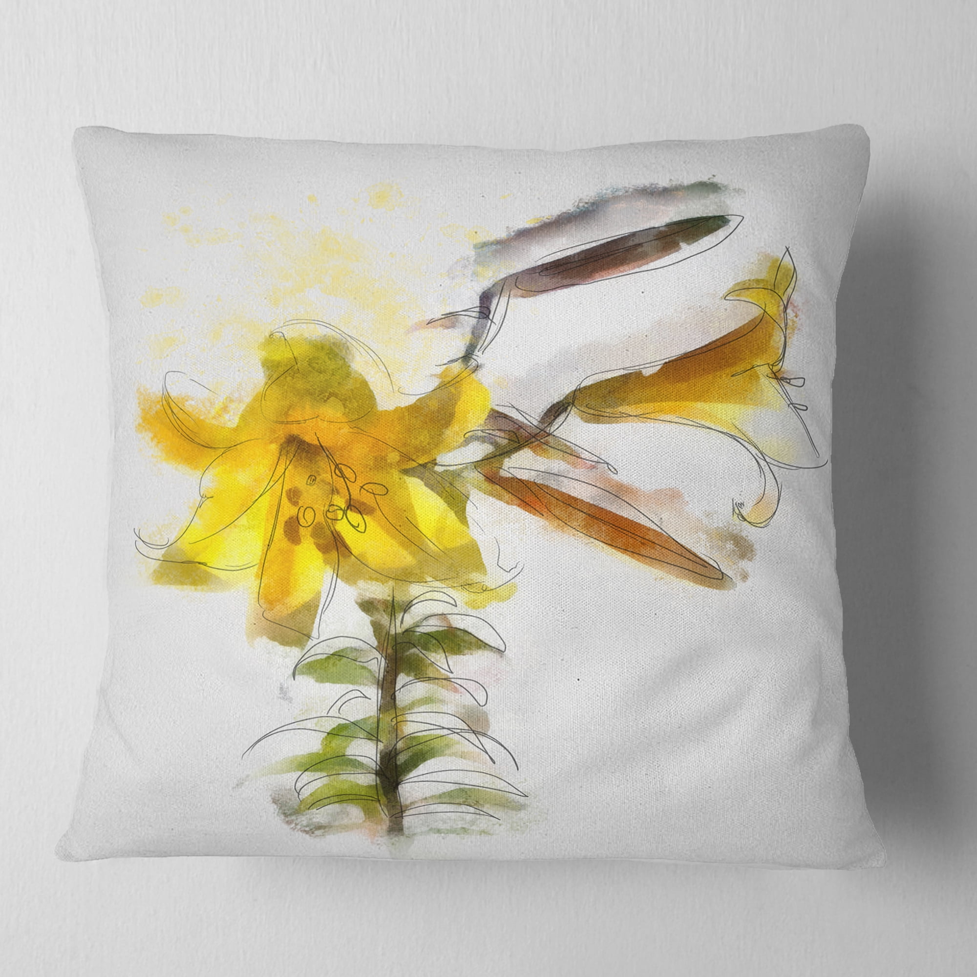 Designart Yellow Tulip Stem with Leaves - Floral Throw Pillow - 16x16