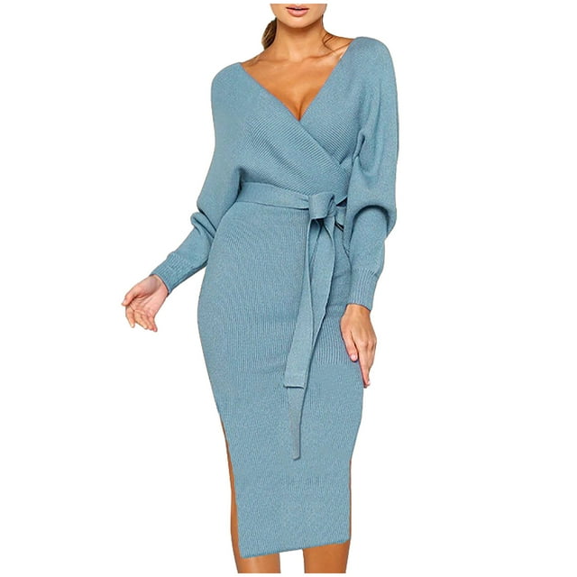 Robe Portefeuille à Manches Longues Mode Femme Tricotée à Manches Longues Col en V Aguichant Moulante Robe Chandail Chaude Robe Chandail Portefeuille Robe à Manches Longues Robe Longue Aguichant