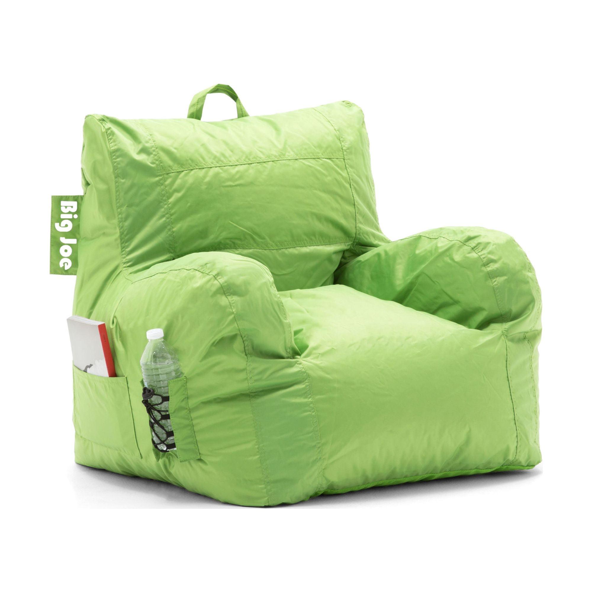 Big Joe Dorm Bean Bag Chair with Drink Holder and Pocket for Teens and Kids, Spicy Lime, Durable Easy-Clean Polyester Nylon Blend, 3 foot Gaming and Reading Nook Seat, Refillable