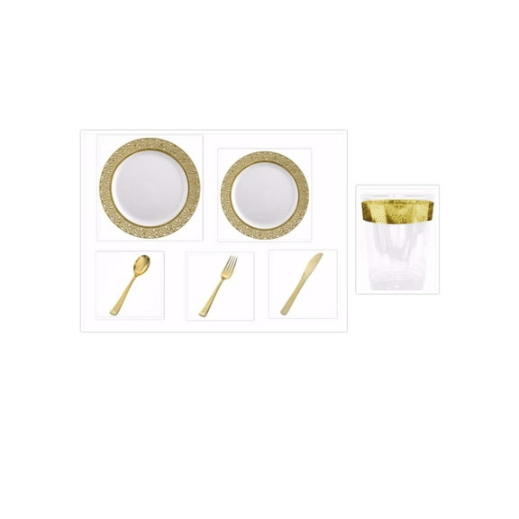 Inspiration White with Gold Lace Border 10" Dinner Plates   7" Salad Plates   Cutlery   Cups *Party of 60*