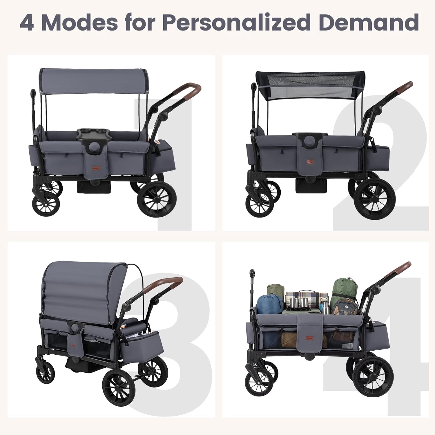 INFANS Wagon Stroller for 2 Kids, Foldable Wagon Cart with Adjustable Handle Pull Bar, Removable Canopy, Footwell, Snack Tray, Harnesses for Infants Toddlers 6-36 Months
