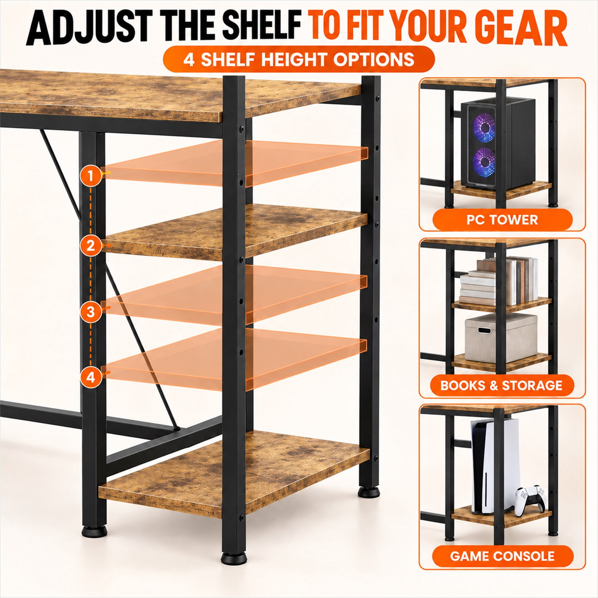 CloudRest Pro 44 Inch Gaming Desk with RGB LED Lights, Reversible Computer Desk with 4-Tier Storage Shelves, Cup Holder and Headphone Hook, Rustic Brown