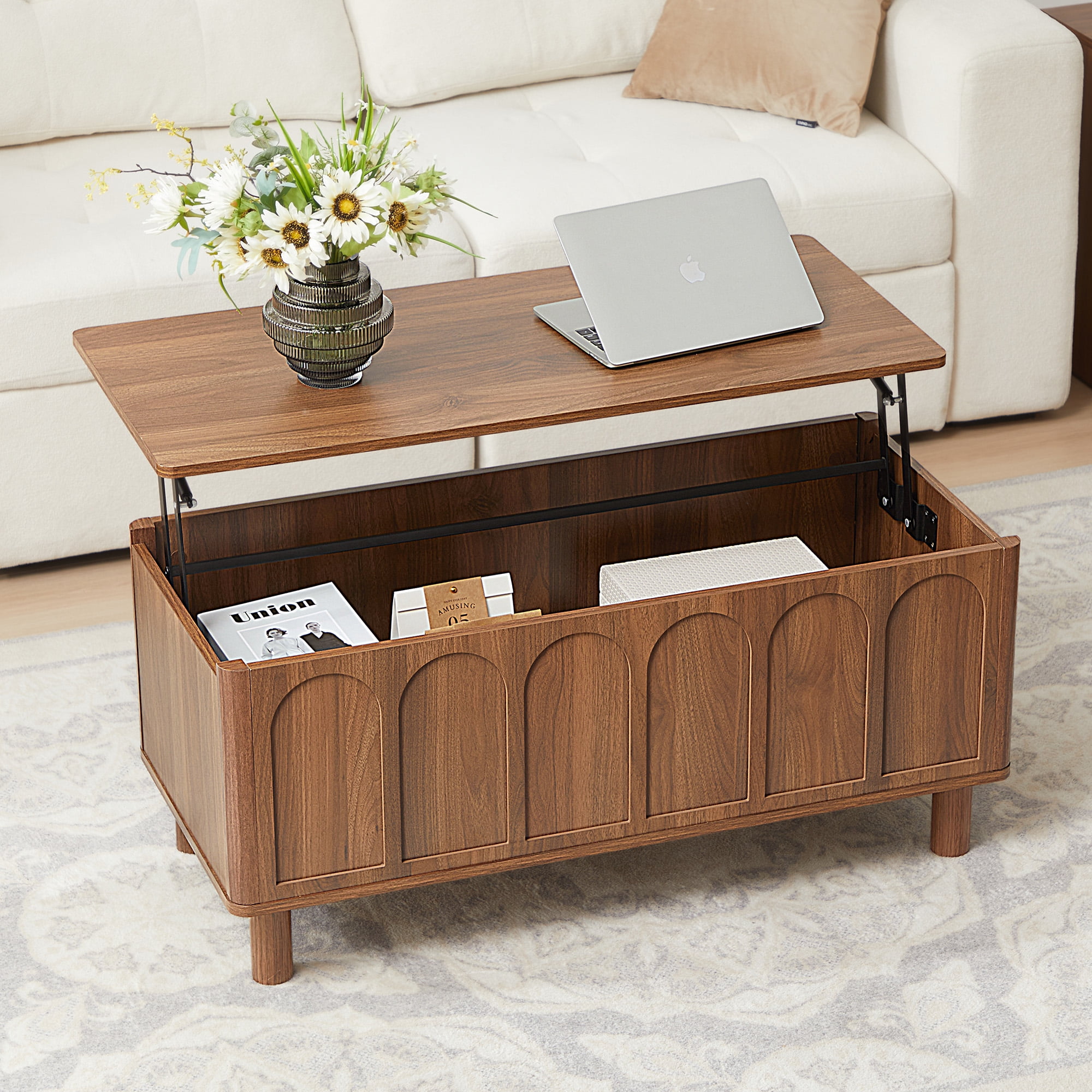 YOCWO Lift Top Coffee Table with Hidden Compartment & Storage Shelve, Arched Fluted Coffee Table for Living Room, Walnut
