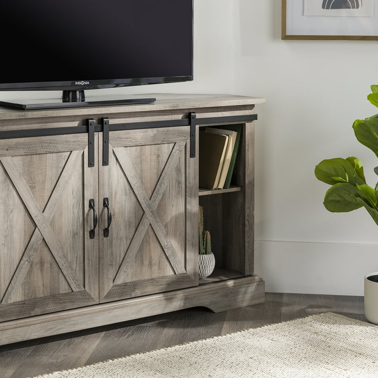Walker Edison Modern Farmhouse Sliding Door Corner TV Stand Grey Wash