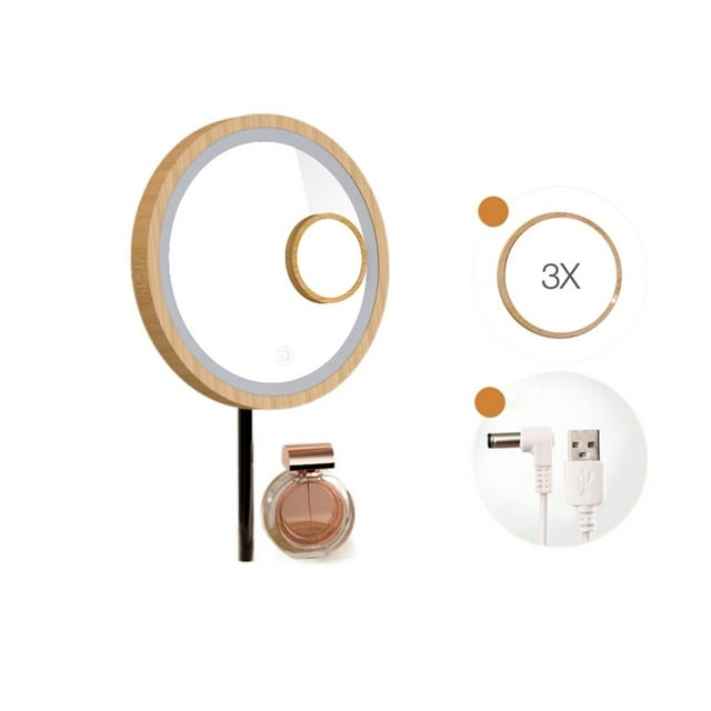 Wooden Desktop LED Makeup Mirror 3X Magnifying USB Charging Adjustable Bright Diffused Light Touch Screen Beauty Mirrors ,Widely Use
