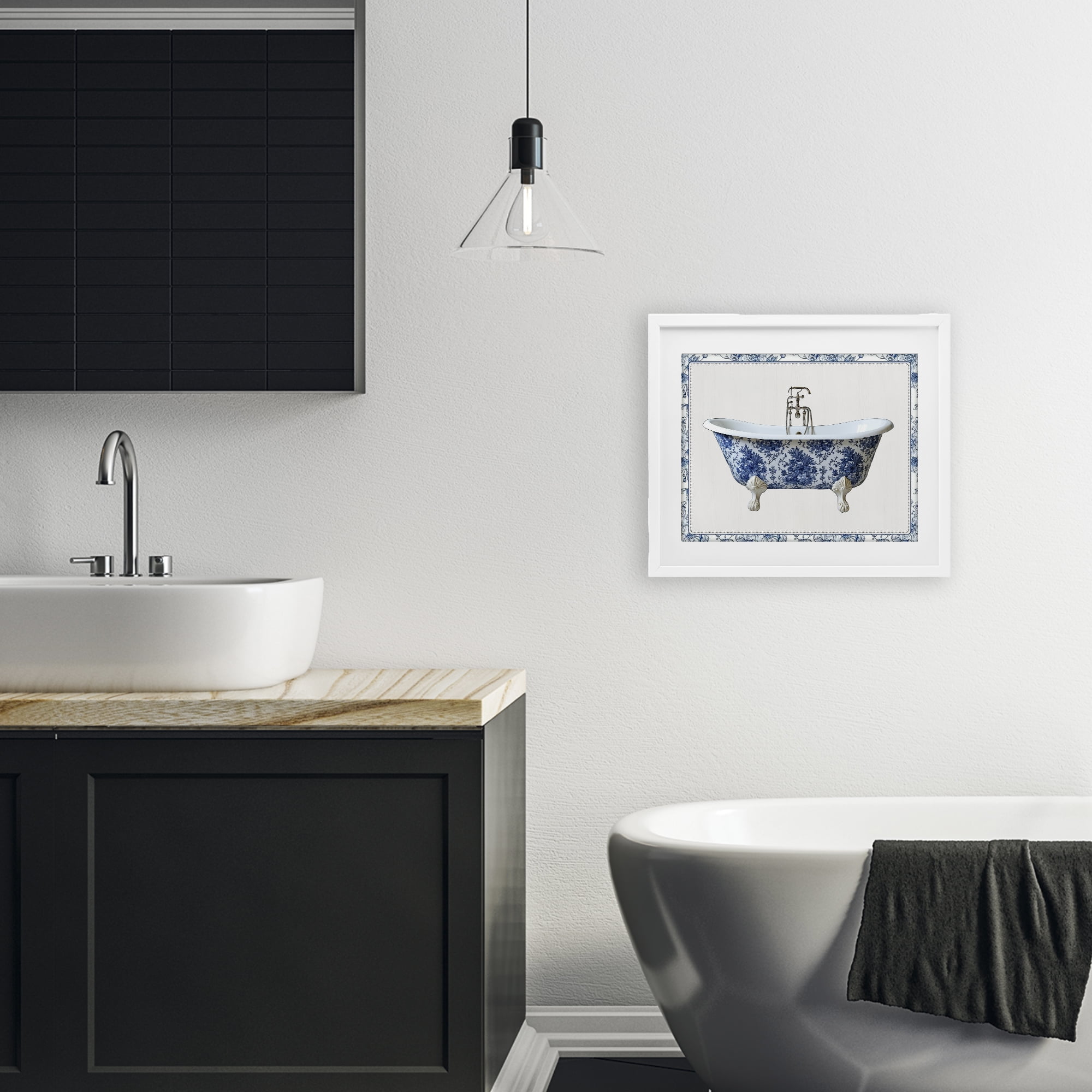 Vintage Chinoiserie Bathtub White Framed Print Under Glass, design by Lettered and Lined