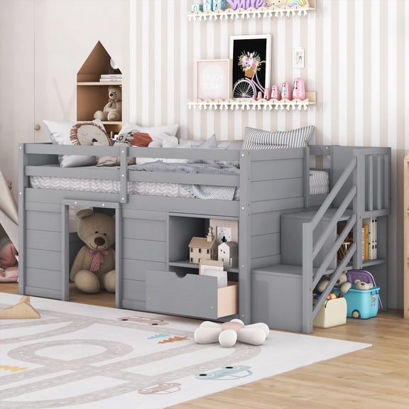 TWIN SIZE LOW LOFT BED, SOLID WOOD, GREY, Sturdy Pinewood & Plywood Construction