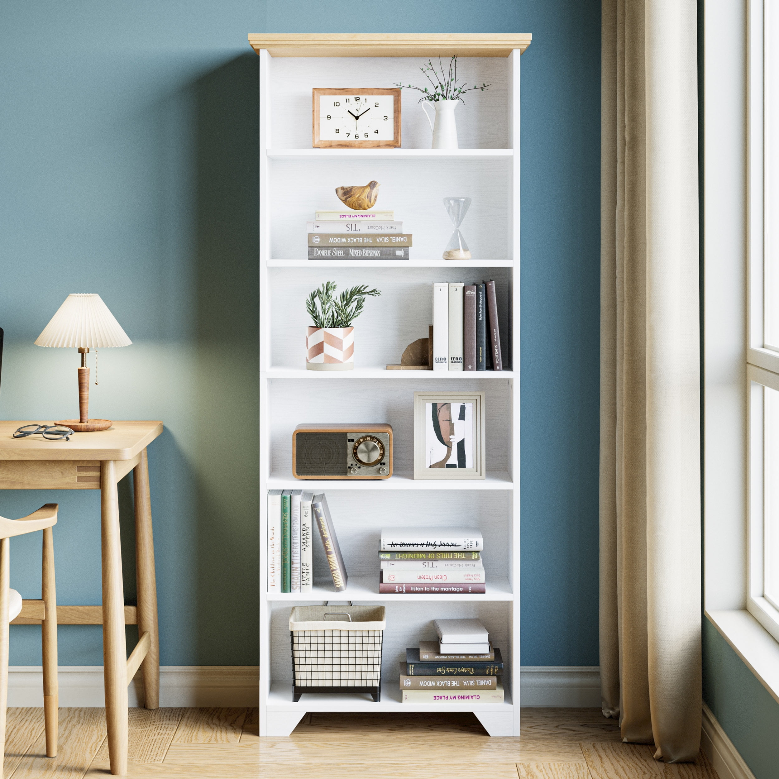 IRONCK 71" Tall 6 Tier Bookcase, Wood Book Shelf for Home Office, Bedroom, Living Room, Shiplap Oak/White