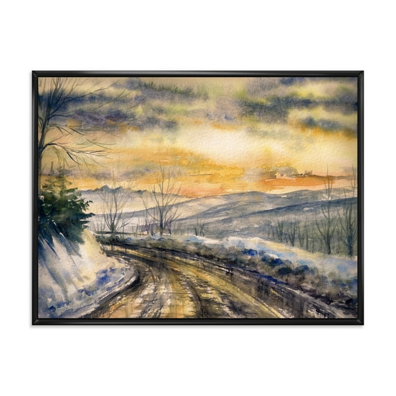 Designart 'Road Under Bright Sunset With Winter Landscape' Traditional Framed Canvas Wall Art Print