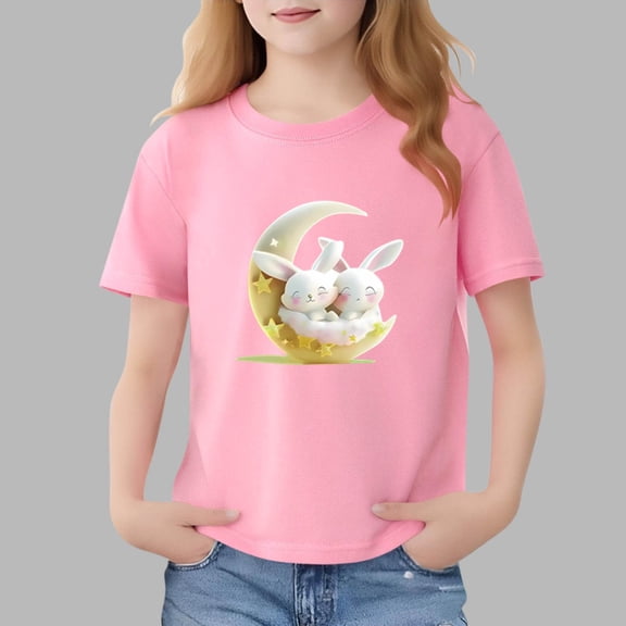 Avrnliq Pink Bunny Moon Graphic Cotton T-Shirt for Girls, Tag-Free Crew Neck Short Sleeve Relaxed Fit Tee, Machine Washable Durable Everyday Top for Ages 2-13,Size 7-8 T