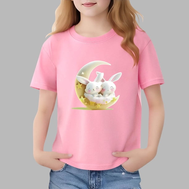 Blusas y camisas de manga corta con cuello redondo para niños Camiseta de verano de manga corta estampada para niñas Jersey elegante de cuello redondo para niñas Top de algodón para niños