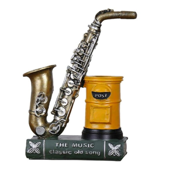 Portalápices vintage para violín o saxofón. Porta lapices amarillo Saxofón de bronce_ 8cm