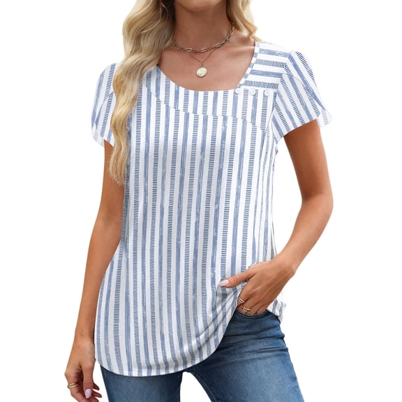 UVN Womens Summer Blouses Short Petal Sleeve Square Neck Ladies Button Shirts Dressy Casual Tunic Tops