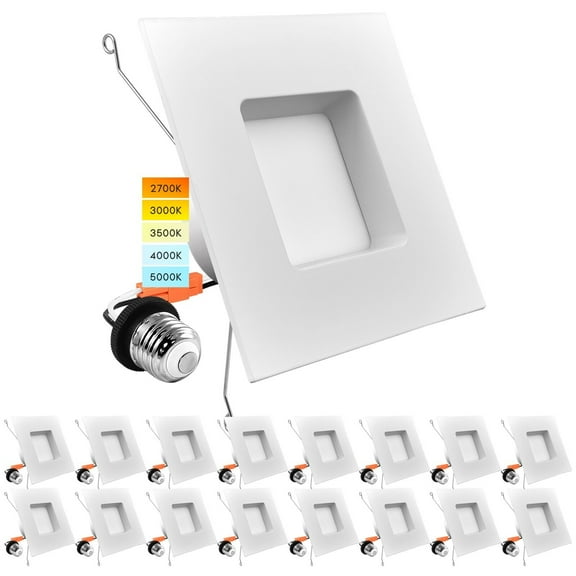 Luxrite 5/6" LED Square Recessed Lighting 5 Color Selectable 2700K, 3000K, 3500K, 4000K, 5000K Dimmable 16 Pack