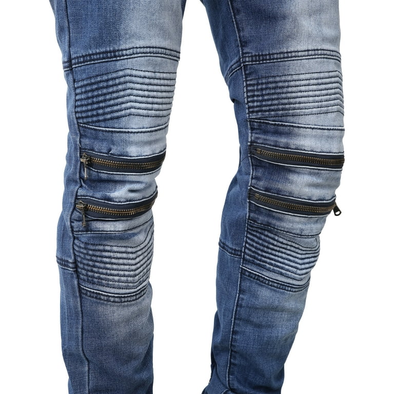 Men's Fashion Slim Fit Distressed Ripped Zipper Stretch Biker Jeans Denim  Pants