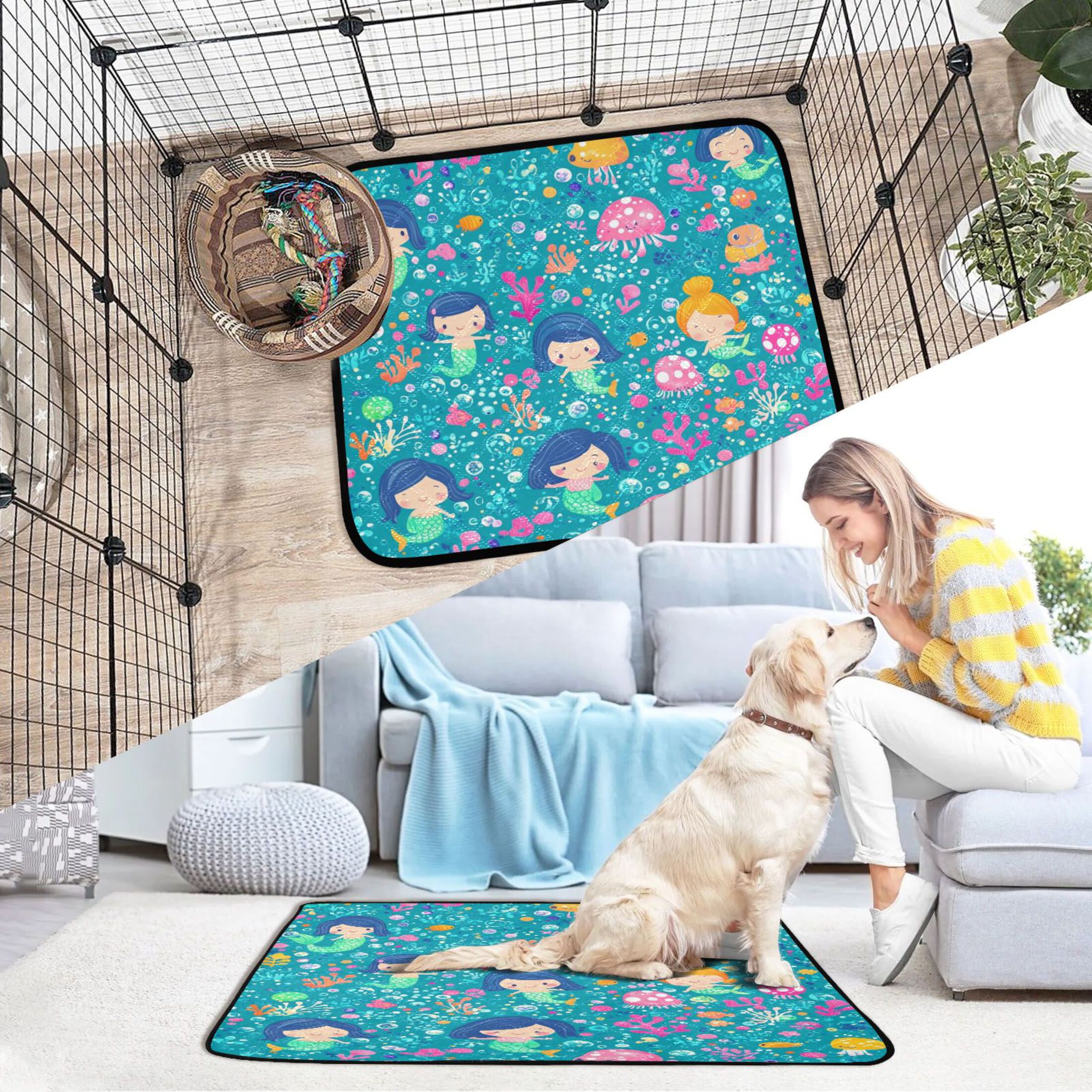 Qxltty Cartoon Mermaids Blue Pattern Cat litter Pads Pet Set of 3 Diaper Mats Center Anti-leakage Layer Absorbent Soft and Comfortable