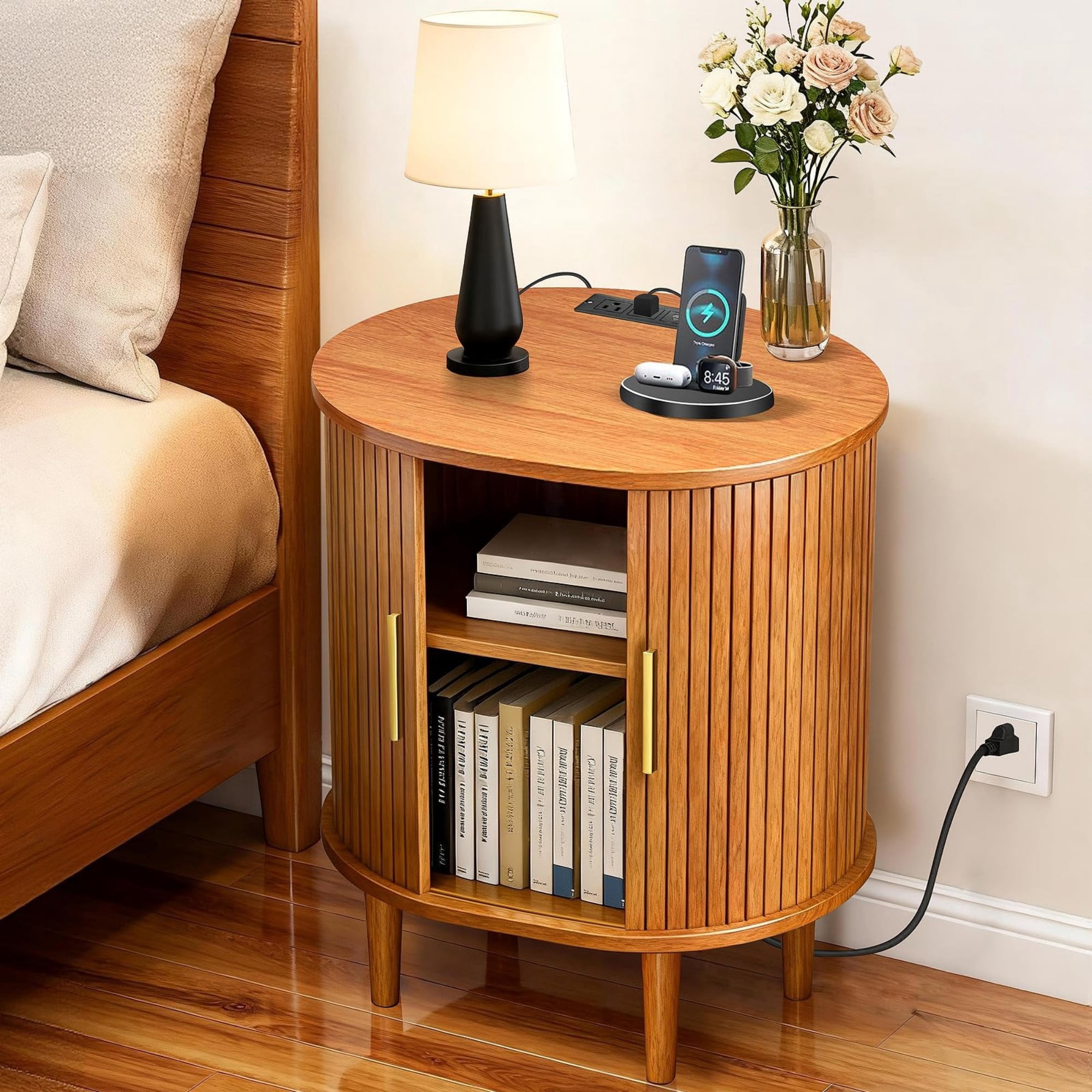 Mid Century Modern Nightstand with Charging Station, Fluted Side Table with Sliding Door & Adjustable Shelf, Yellow
