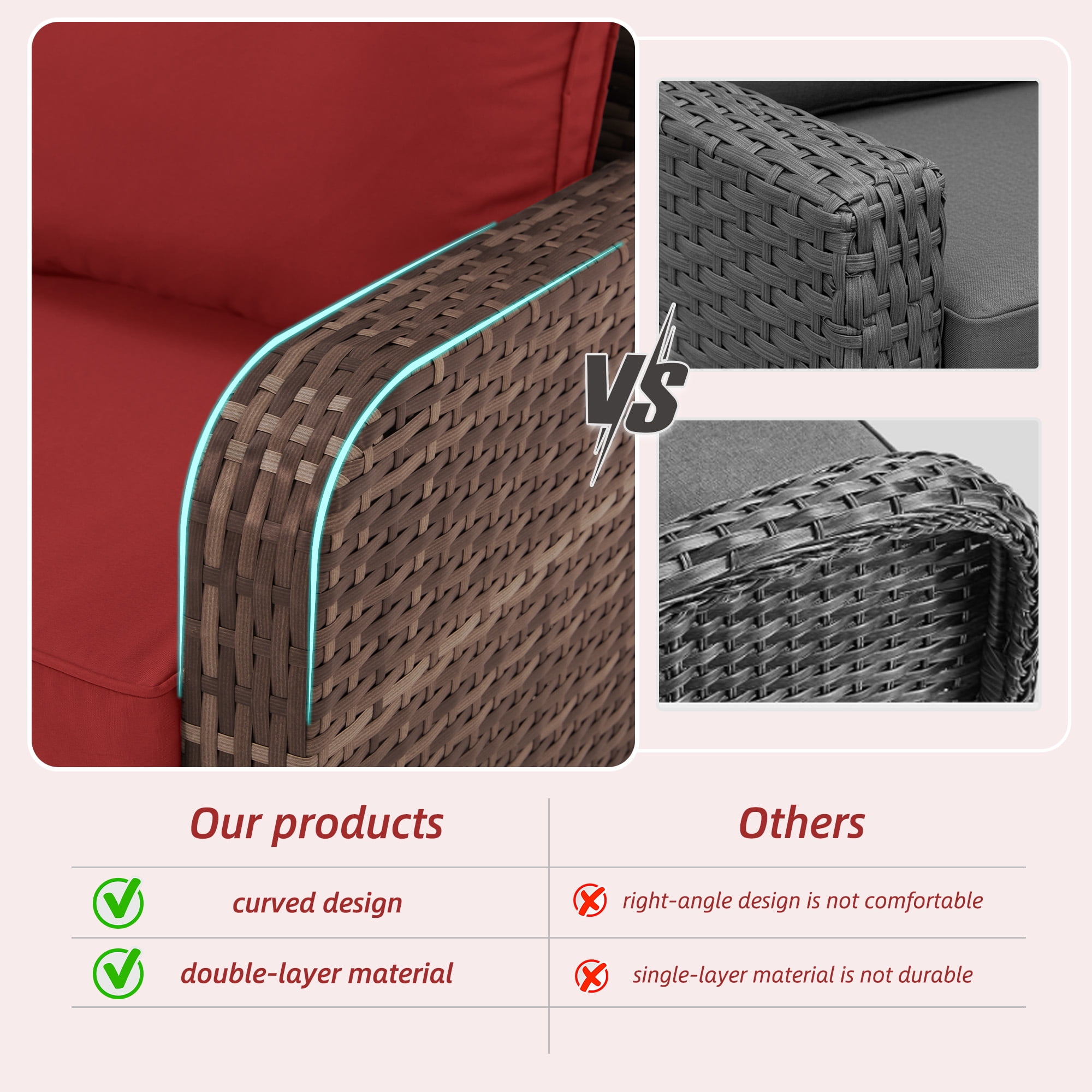 Homrest 4 Piece Wicker Patio Furniture Set, 360 Degree Outdoor Swivel Patio Chairs w/ Coffee Table and 3-Seat Sofa, Small Patio Furniture Set for Garden, Deck and Poolside (Wine Red)
