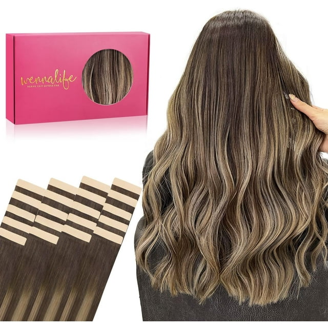 GFDYREE Extensions de Cheveux à Ruban WENNALIFE pour Femmes, 20 Pcs 50g 16 Pouces Balayage Brun Chocolat à Blond Miel Extensions de Cheveux à Ruban en Cheveux Humains Rallonge Cheveux Humain Lisse Invisible