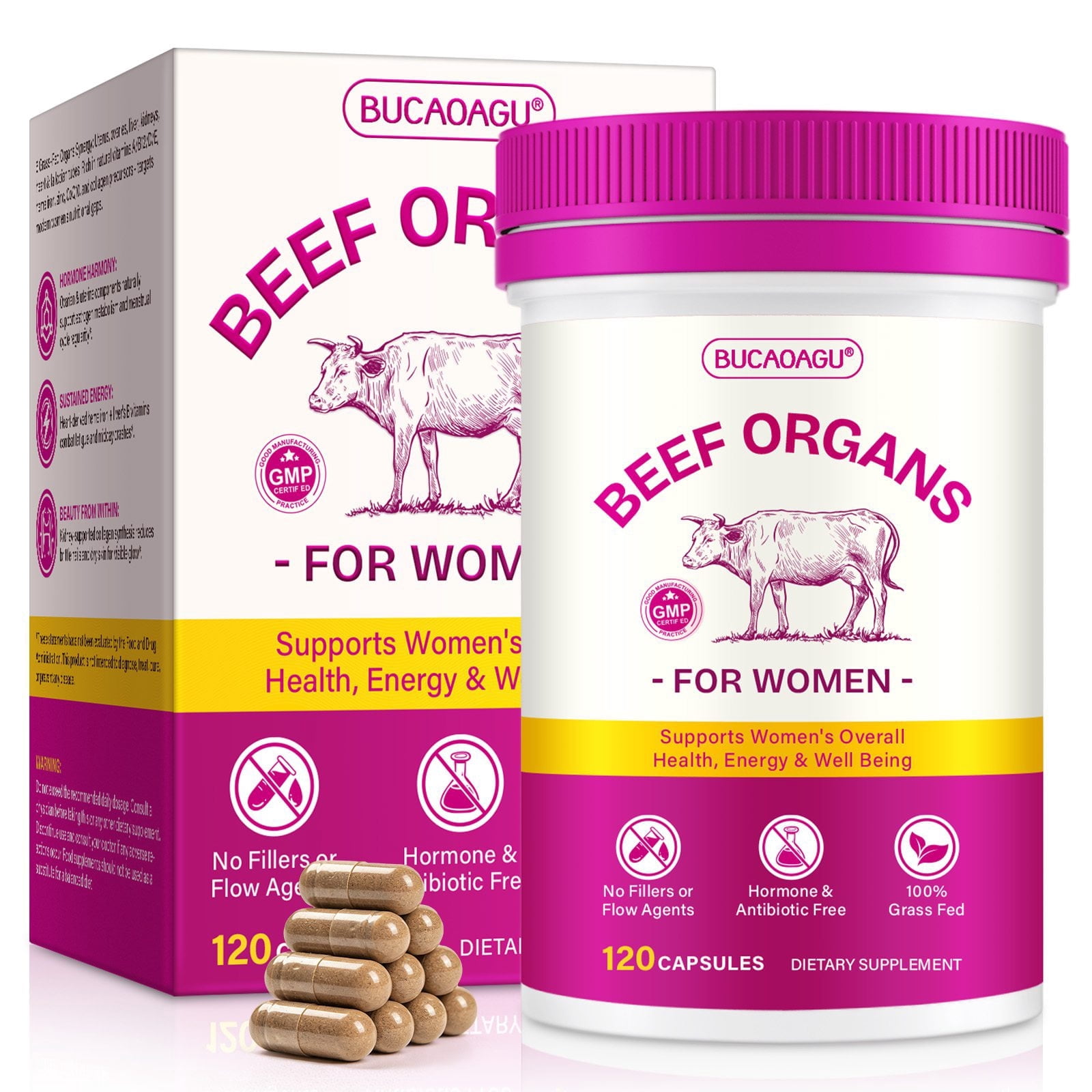 Beef Organ Supplement for Women, Rich in Heme Iron, Vitamin A & B12, Supports Women's Energy & Health, 120 Capsules