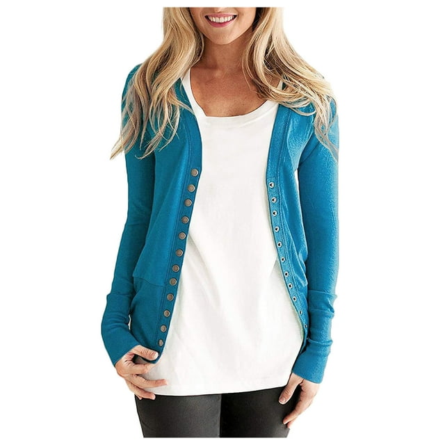 MIASHUI Cardigan en Tricot à Col en V à Boutons sur le devant pour Femme, Veste Décontractée Légère à devant Ouvert de Couleur Unie pour Femme Bleu Ciel,m
