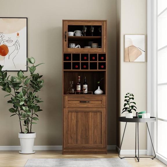 Mintazer Farmhouse Kitchen Pantry Cabinet with Wine Rack & Shelves Storage, Modular Buffet Bar Cabinet for Dining Room, Brown