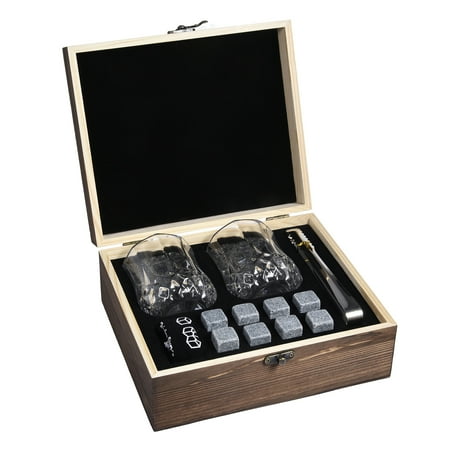 

8 Whisky Stones with 2 Whiskey Glasses Tongs Wooden Gift Box