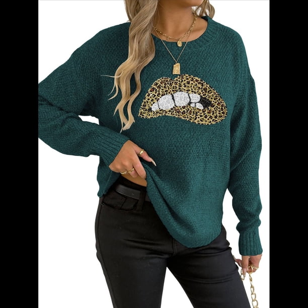 Suéter de Cuello Redondo Personalizado con Estampado de Leopardo y Labios Bordados para Mujer Verde Oscuro XL