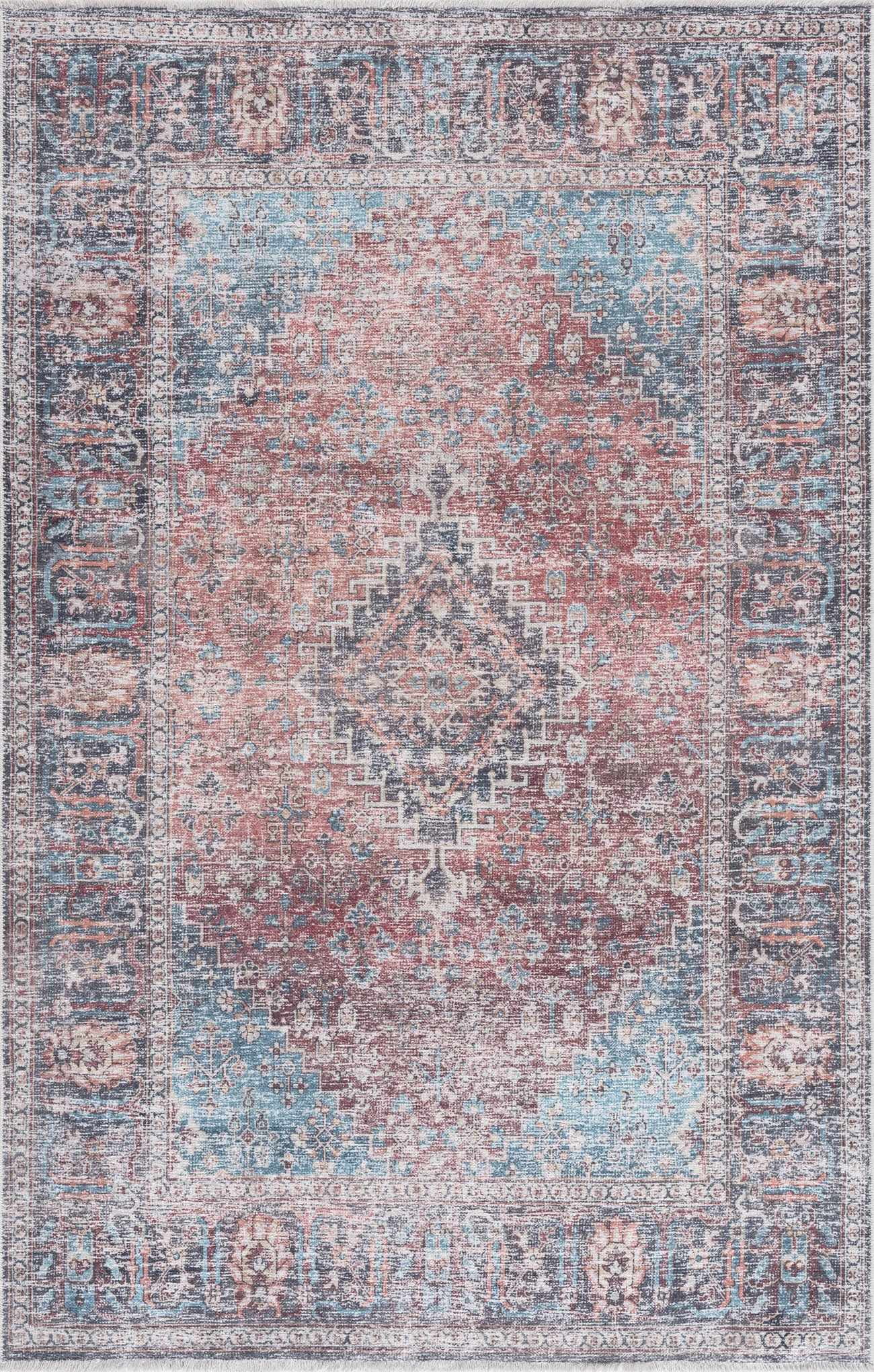 Hauteloom Holli Living Room, Bedroom Machine Washable Area Rug - - Light Blue, Green, Orange - 2' x 3'