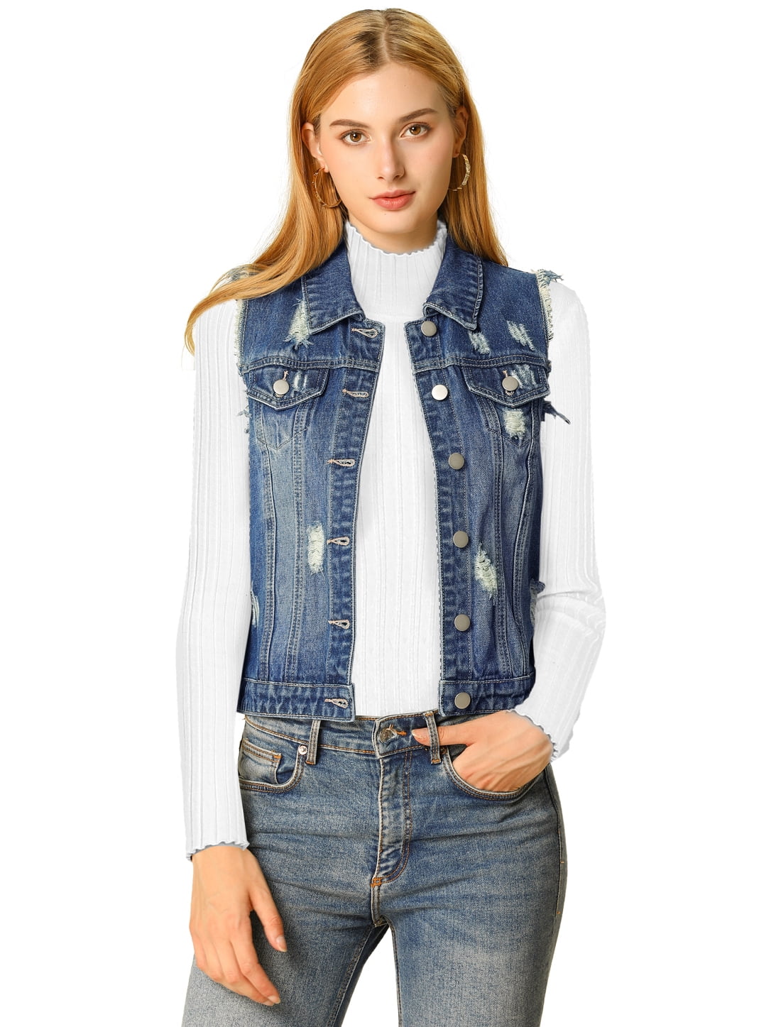 DARING DIVA Women's Denim Vests Collared Washed Distressed Jean Vest L Blue