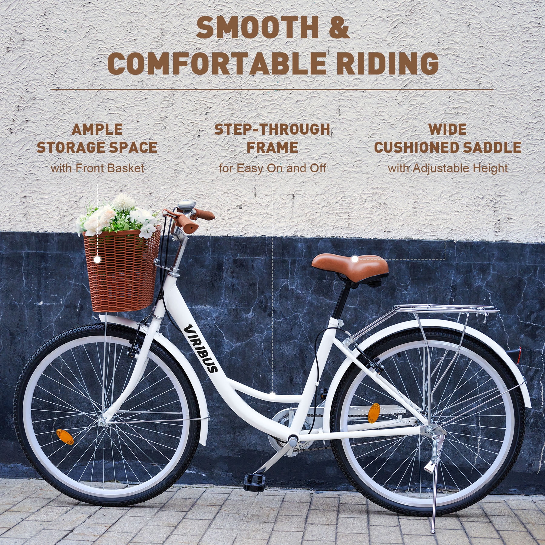 Viribus 24" City Cruiser Bicycle with Carbon Steel Frame Dual V Brakes Basket,Commute Bike for Women Adults,White