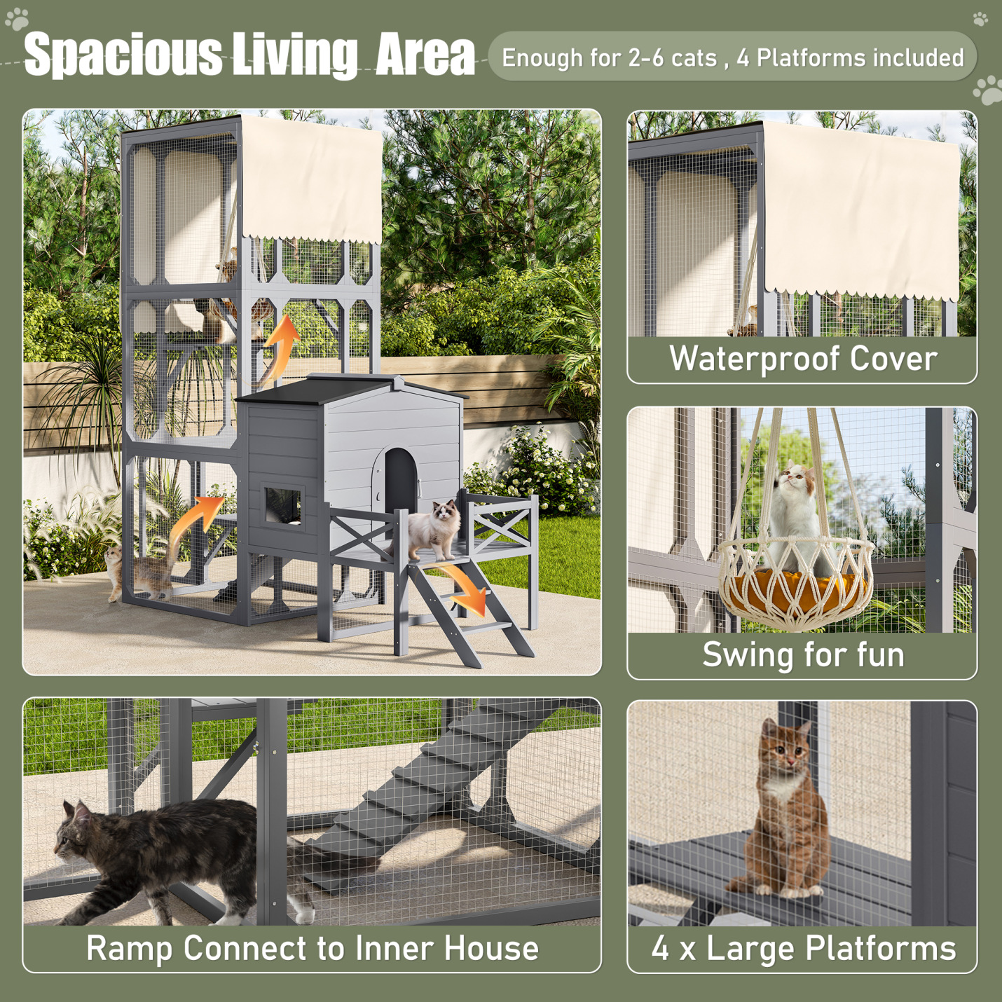 Outdoor Cat Enclosure with Play Platforms and Swing, Large Wooden Catio for Multiple Cats, Removable Waterproof Cover, UV Resistant, 2-Section Design, Gray