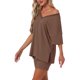 thumbnail image 4 of Pijamas para mujeres INSPIRE CHIC de 2 piezas, camiseta de cuello en V oversized, traje de entrenamiento reversible, camisetas, pantalones cortos de ciclista, conjunto de lounge XL color café, 4 of 5
