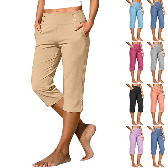 Cekizud Plus Size Womens Capri Pants High Waisted Straight Leg Stretch Trousers Casual Work Golf with Pockets,Sizes S-5XL