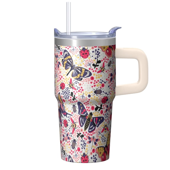 20OZ Stainless Steel Travel Mug with Handle Straw Insulated Tumbler Leak Proof Lid Double Wall Vacuum Insulation Keeps Cold for 34 Hours Portable Cup Holder Fit Reusable Drinkware Butterfly Pattern