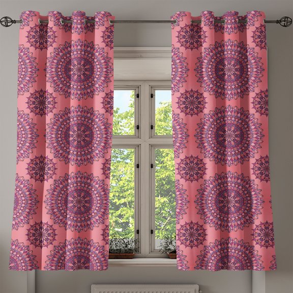 Ambesonne Purple Mandala Grommet Curtain, Boho Filigree Art, 50" x 63", Coral Fuchsia