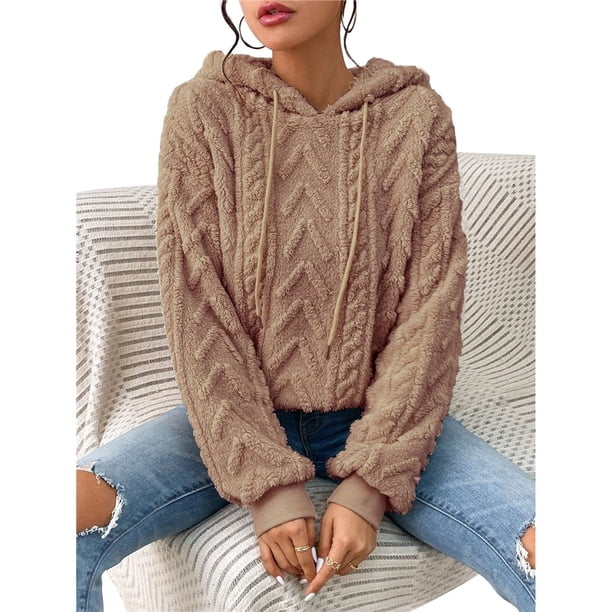 Suéter Holgado de Franela con Capucha para Mujer, Larga y Cálido para Invierno Caqui L