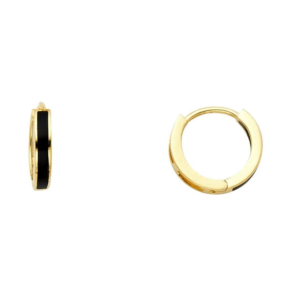 Small Onyx Huggie Hoop Earrings Solid 14k Yellow Gold Huggies Round Black Stylish Polished Tiny 10 mm