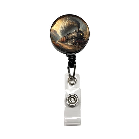 Steam Locomotive Coming Through Tunnel Old West Retractable Reel ID Badge Key Card Name Tag Holder with Clip