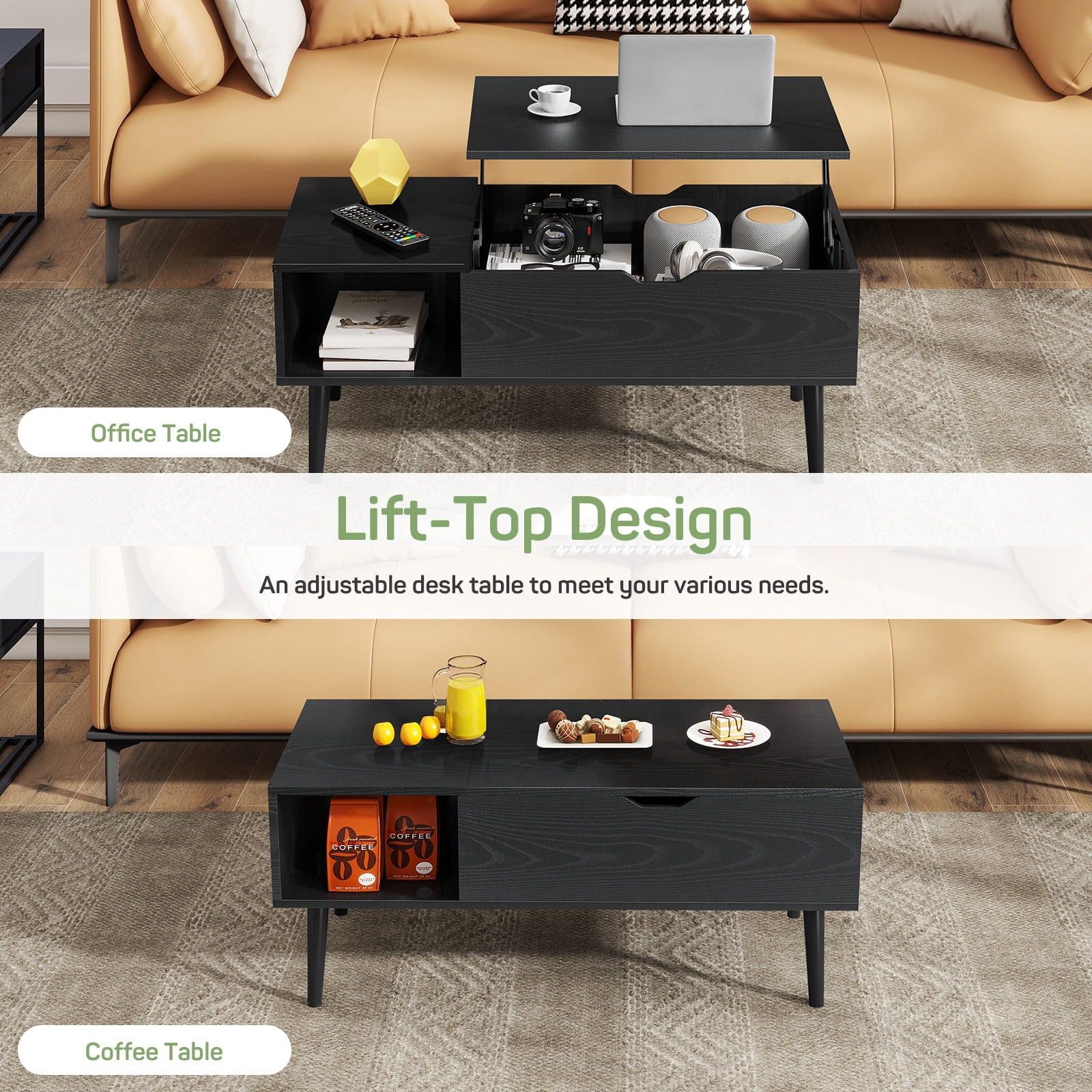 Casabay Lift Top Coffee Tables for Living Room, Small Modern Wooden Center Tables with Storage Shelf and Hidden Compartment
