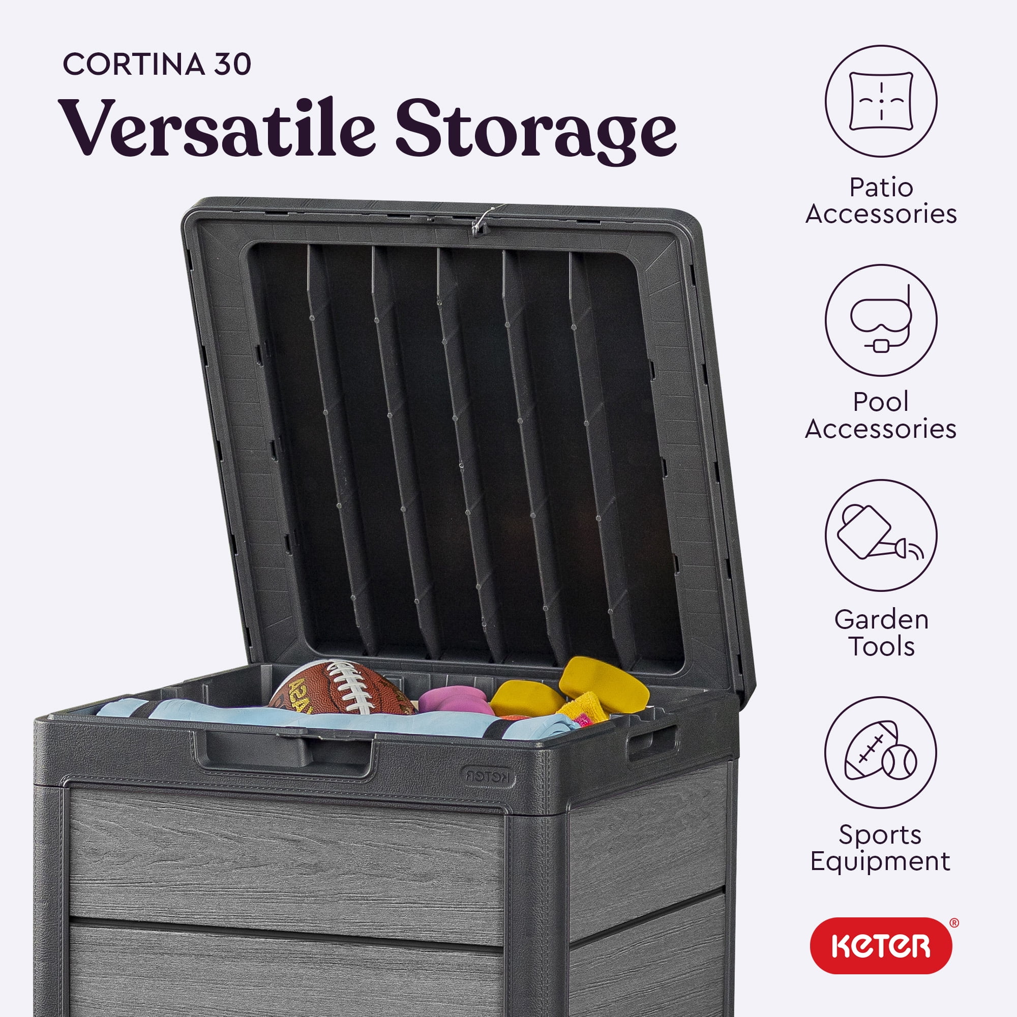 Keter Cortina 30 Gallon Resin Deck Box for Patio Furniture, Pool Accessories, and Storage for Outdoor Toys, Grey/Black